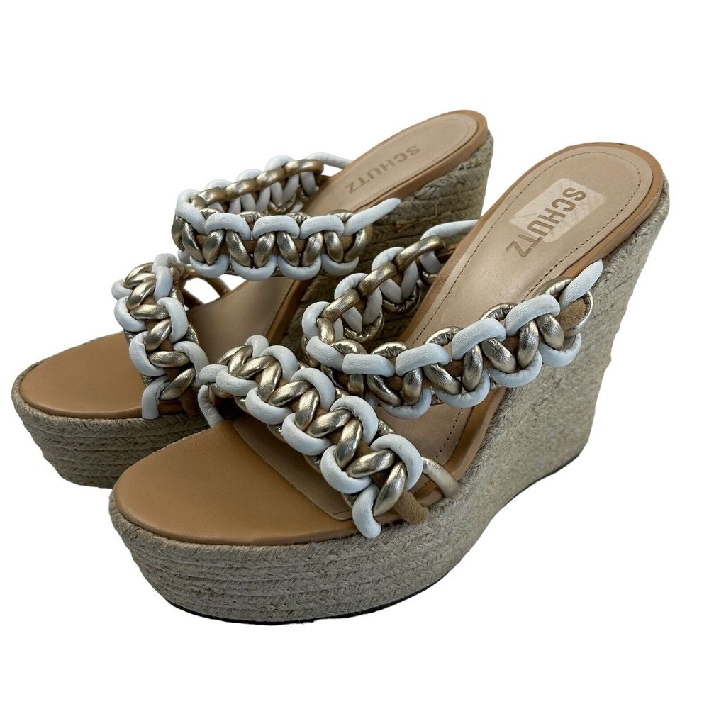 SCHUTZ Juliet Toe Platform Slip On Espadrille Size 9.5 B Woven Chain Gold White